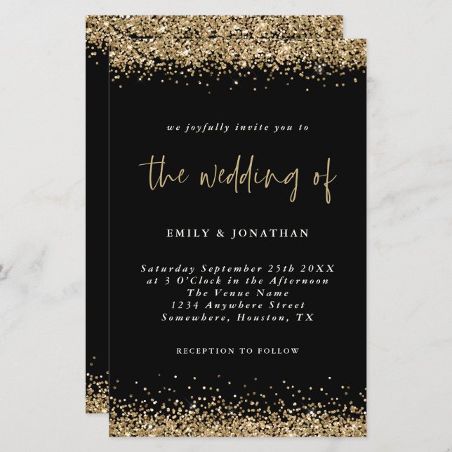 Budget Gold Glitter Wedding Black Invitation (Front/Back)