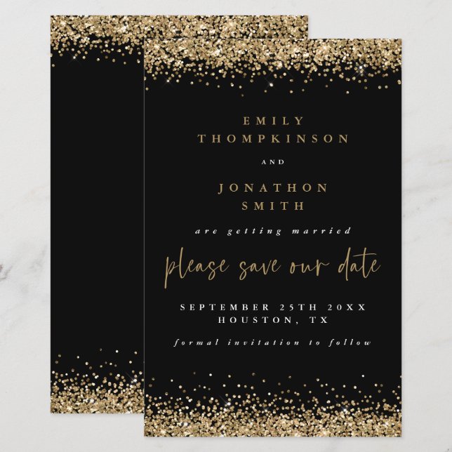 Budget Gold Glitter Wedding Black Save The Date (Front/Back)