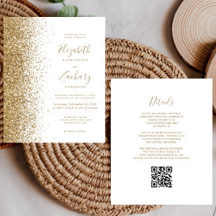 Budget Gold Glitter White QR Code Wedding Invite