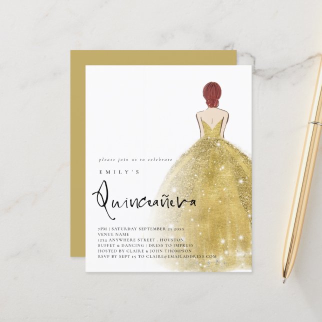 Budget Gold Gown Girl Auburn Hair QR Quinceañera (Front/Back In Situ)