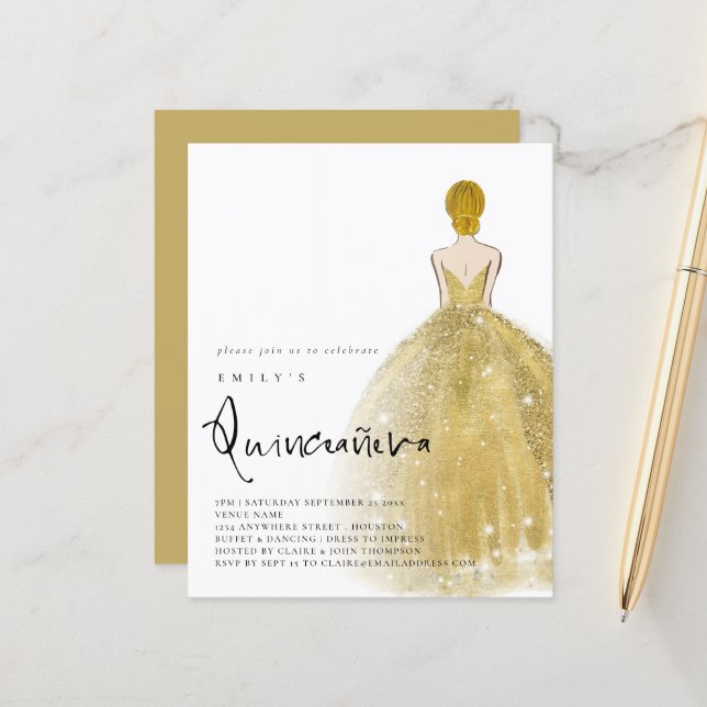 Budget Gold Gown Girl Blonde Hair QR Quinceañera (Front/Back In Situ)