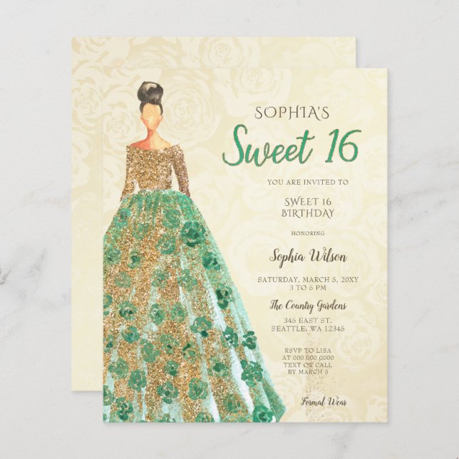 Budget Gold Green Dress Sweet 16 Invitation (Front/Back)