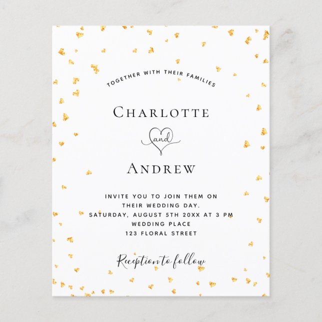 Budget gold hearts white wedding invitation (Front)