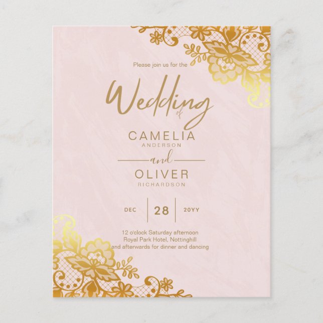 BUDGET GOLD LACE All-in-1 Wedding Invite QR Code Flyer (Front)