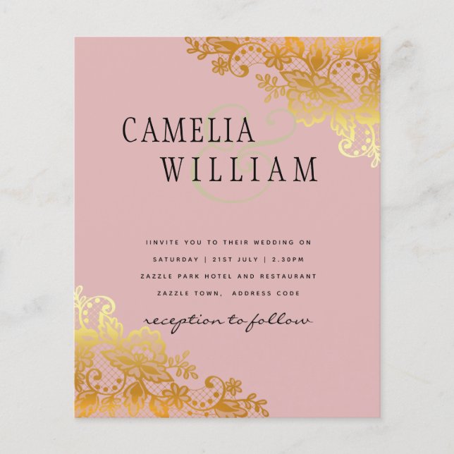 BUDGET Gold Lace Classic Ampersand Wedding Invite Flyer (Front)