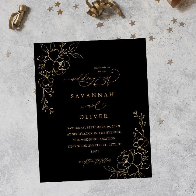 Budget Gold Lined Floral Black & Gold Wedding Flyer (Creator Uploaded)