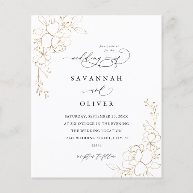 Budget Gold Lined Floral Wedding Flyer (Front)
