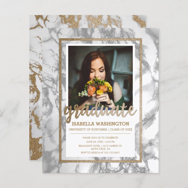 Budget Gold Marble Script Photo Graduation Party (Front/Back)