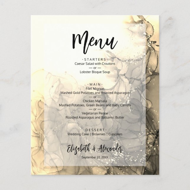 Budget Gold Marble Wedding Menu Flyer (Front)