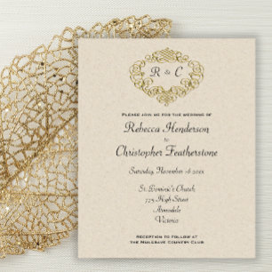 Budget Gold Monogrammed Crest Wedding Invitation Flyer