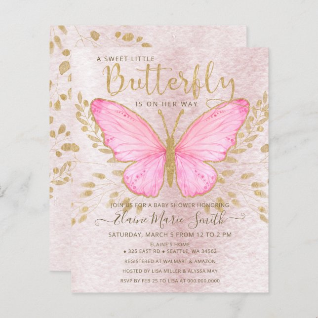 Budget Gold Pink Butterfly Baby Shower Invitation (Front/Back)