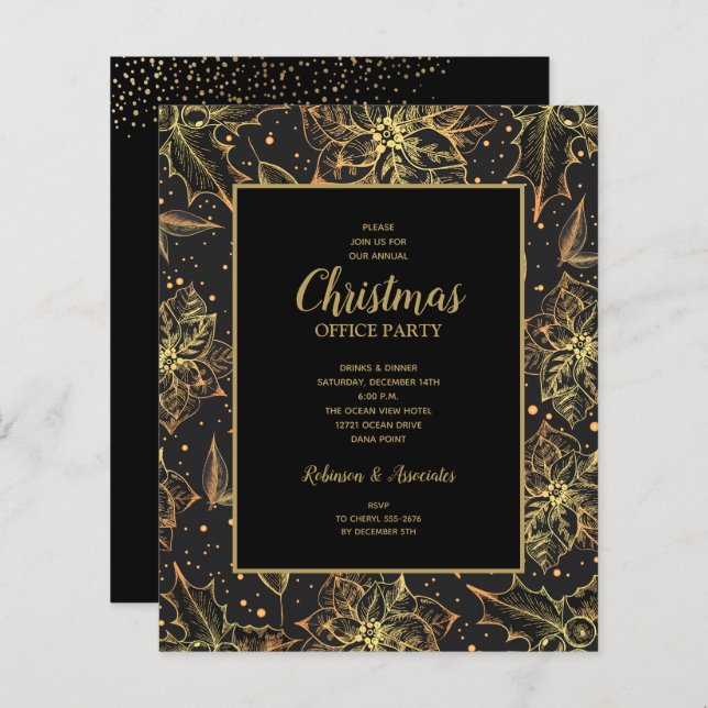 Budget Gold Poinsettias Christmas Invitations (Front/Back)