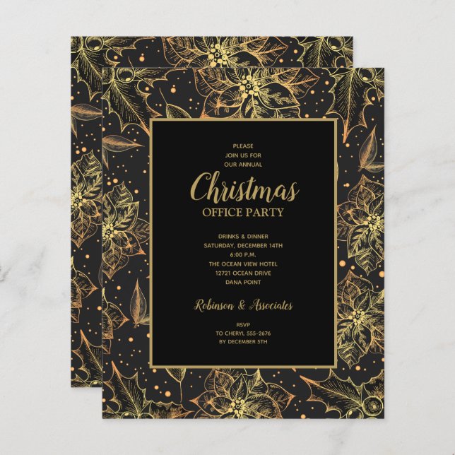 Budget Gold Poinsettias Christmas Invitations (Front/Back)