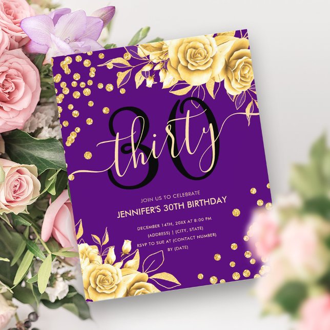 Budget Gold Purple Floral Glitter 30th Birthday  Flyer (Budget Gold Purple Floral Glitter 30th Birthday Flyer)