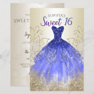 Budget Gold Royal Blue Dress Sweet 16  Invitation