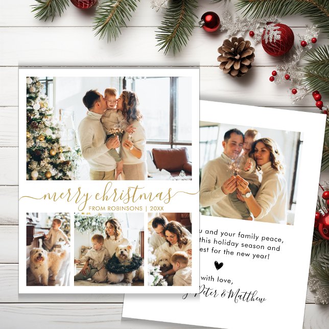 Budget Gold Script 4 Photo Collage Christmas Card (Creator Uploaded)
