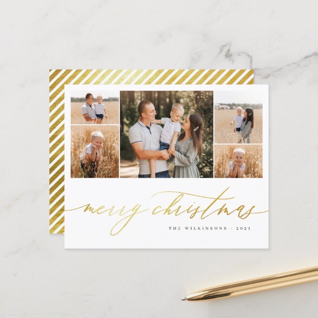 Budget Gold Script 5 Photo Collage Merry Christmas (Front/Back In Situ)