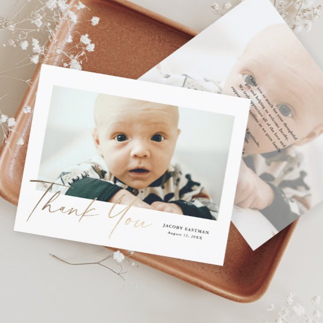 Budget Gold Script Baby Photo Thank You Card (Modern Handwritten Gold Script Baby Photo Budget Thank You Cards.)