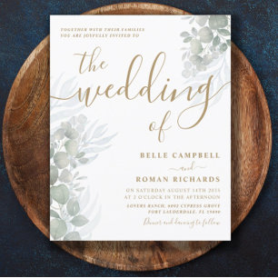 Budget Gold Script & Eucalyptus Wedding Invitation