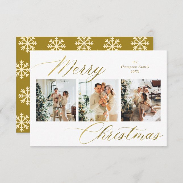 Budget Gold Script Merry Christmas Photo Collage Card (Front/Back)