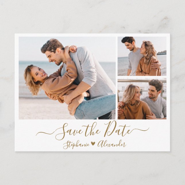 Budget Gold Script Photo Collage Save The Date Announcement Postcard (Front)