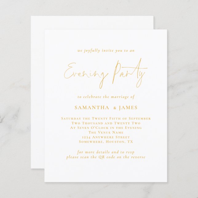Budget Gold Script QR Evening Party Wedding Invite (Front/Back)