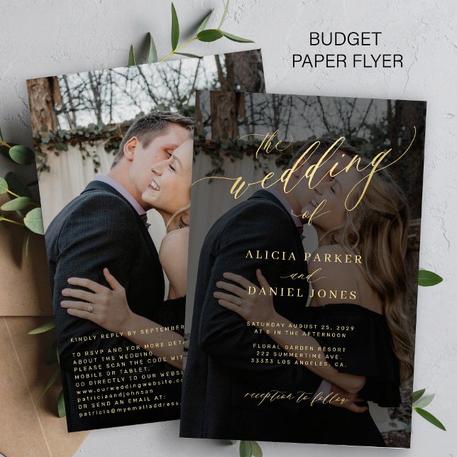 Budget gold script QR photo wedding invitation Flyer (Creator Uploaded)