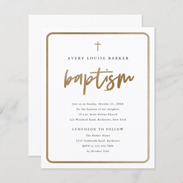 Budget Gold Script Religious Baptism Invitation (Front/Back)