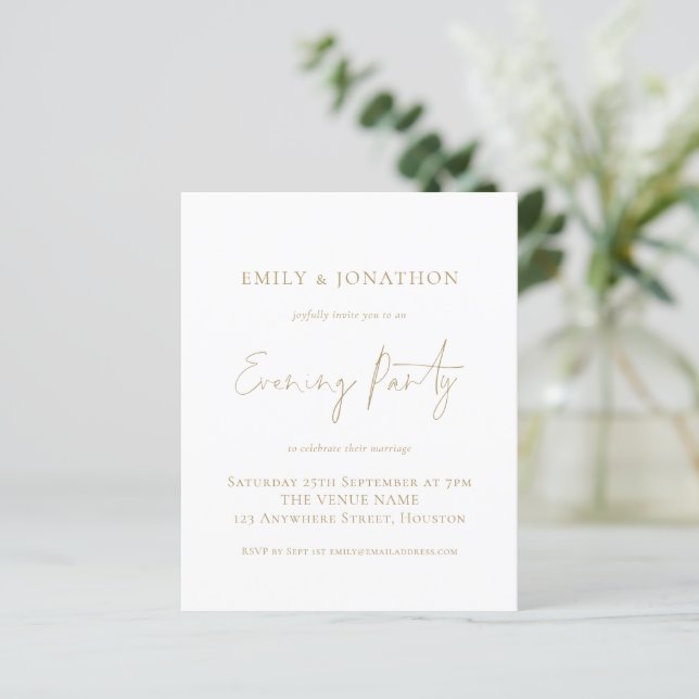 Budget Gold Script Wedding Evening Party Invite (Standing Front)
