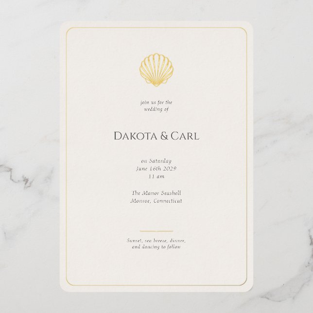 Budget Gold Seashell All-in-One Wedding invitation (Front)