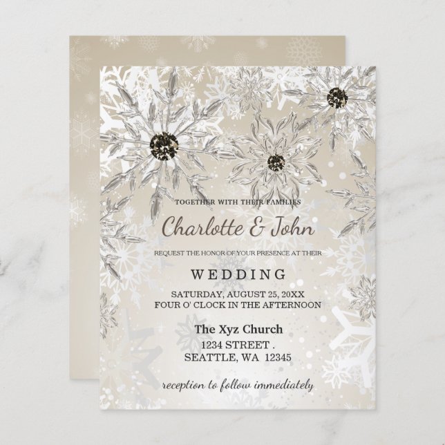 Budget Gold Snowflakes Winter Wedding Invitation (Front/Back)