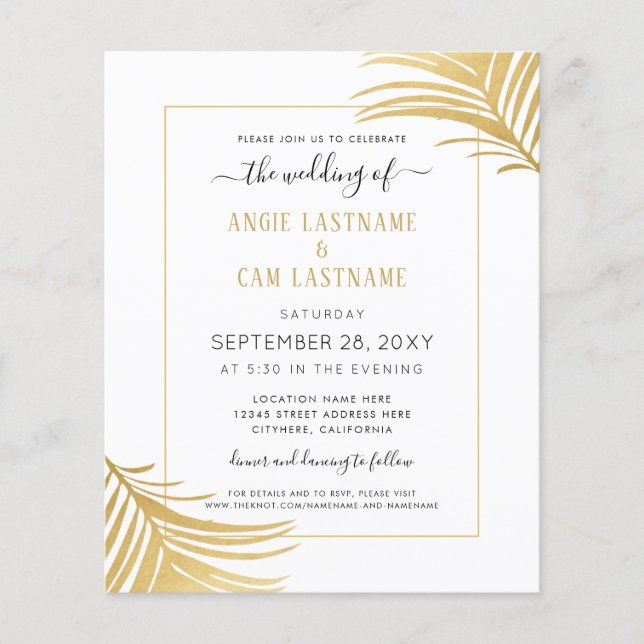 Budget Gold Tropical Palm Leaf Invitation (Front)
