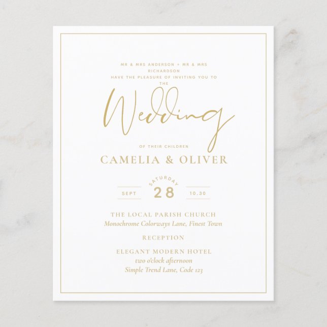 Budget Gold White Elegant Wedding Invitation  Flyer (Front)