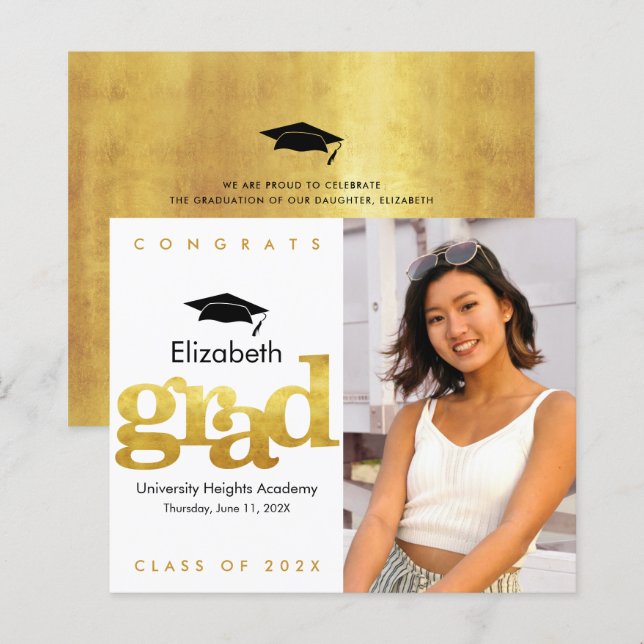 Budget Gold White Photo Cap Graduation Invitation  (Front/Back)