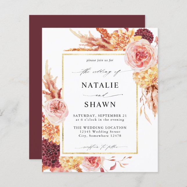 Budget Golden Burgundy Blush Pink Floral Wedding B (Front/Back)