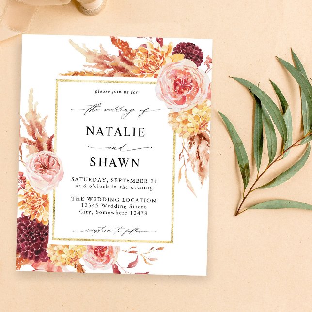 Budget Golden Burgundy & Blush Pink Floral Wedding Flyer (Creator Uploaded)