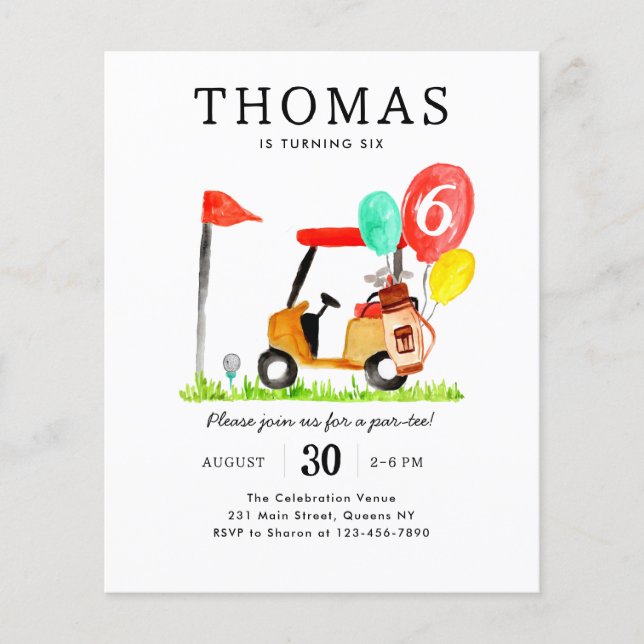 Budget Golf Cart Bag Balloon Kids Par-tee Birthday Flyer (Front)