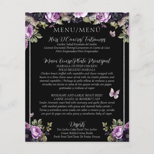 Budget Gothic Floral Bilingual Quinceañera Menu (Front)