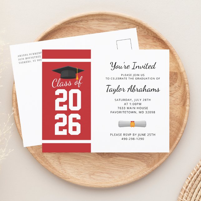 Budget Grad 2022 Red White Graduation Invitation (Graduation 2025 Script Red White Typography Party Invitation)