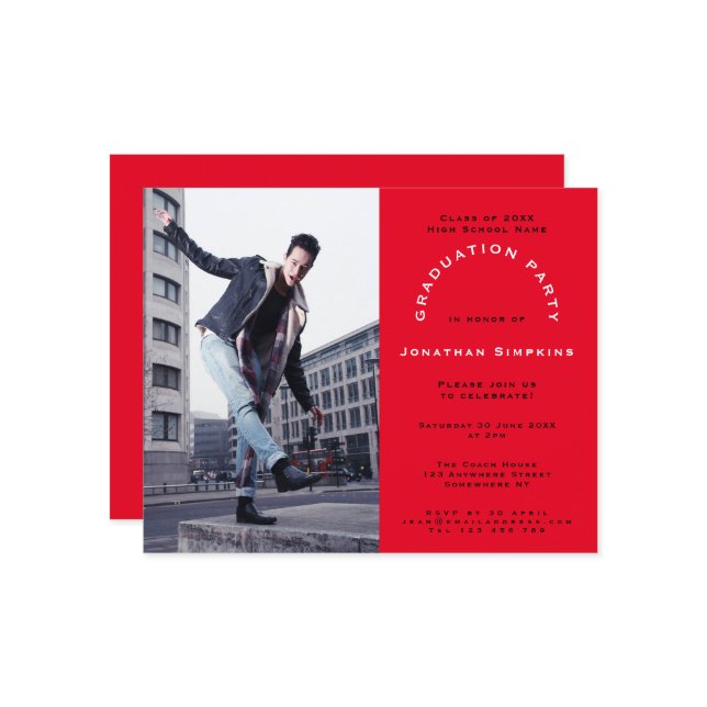 Budget Grad Photo Red Graduation Party Invitation (Front/Back In Situ)