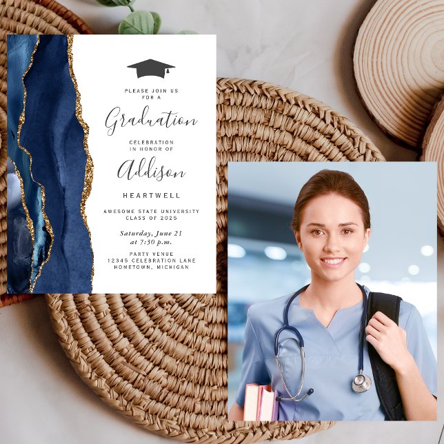 Budget Graduation Blue Gold Agate Photo Invite (Creator Uploaded)