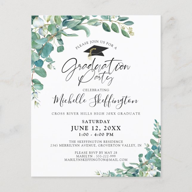 Budget Graduation Eucalyptus Script Invitation (Front)