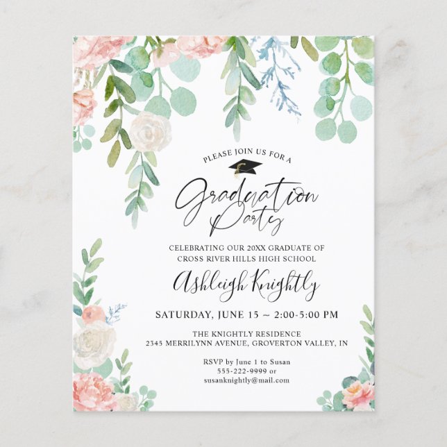 Budget Graduation Party Floral Script Invitation (Front)