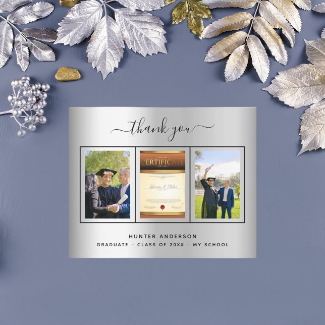 Budget graduation silver photo thank you card (Creator Uploaded)