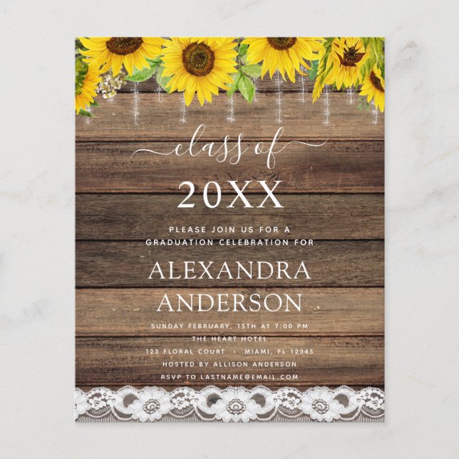 Budget Graduation Sunflower Rustic 2023 Invitation (Front)