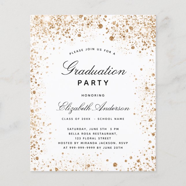 Budget graduation white gold glitter invitation (Front)