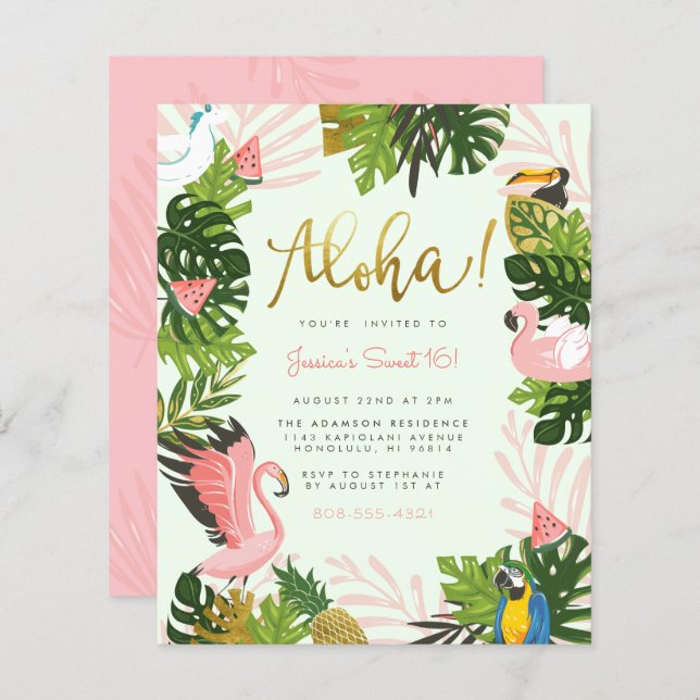 Budget Green Aloha Hawaii Tropical Gold Birthday (Front/Back)