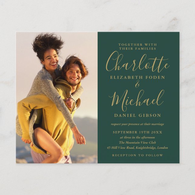 Budget Green And Gold Photos Wedding Invitation (Front)