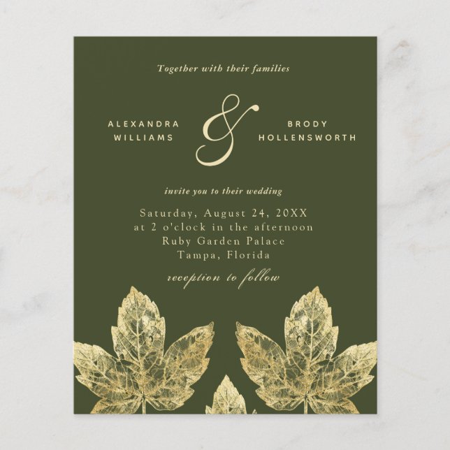 Budget Green And Gold Rustic Leaves Wedding Invite (Front)