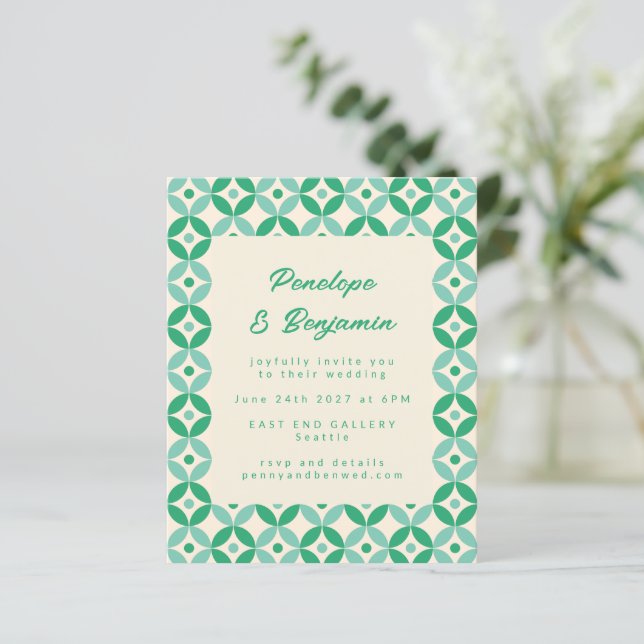Budget Green Blue Retro Motif Wedding Invitation (Standing Front)